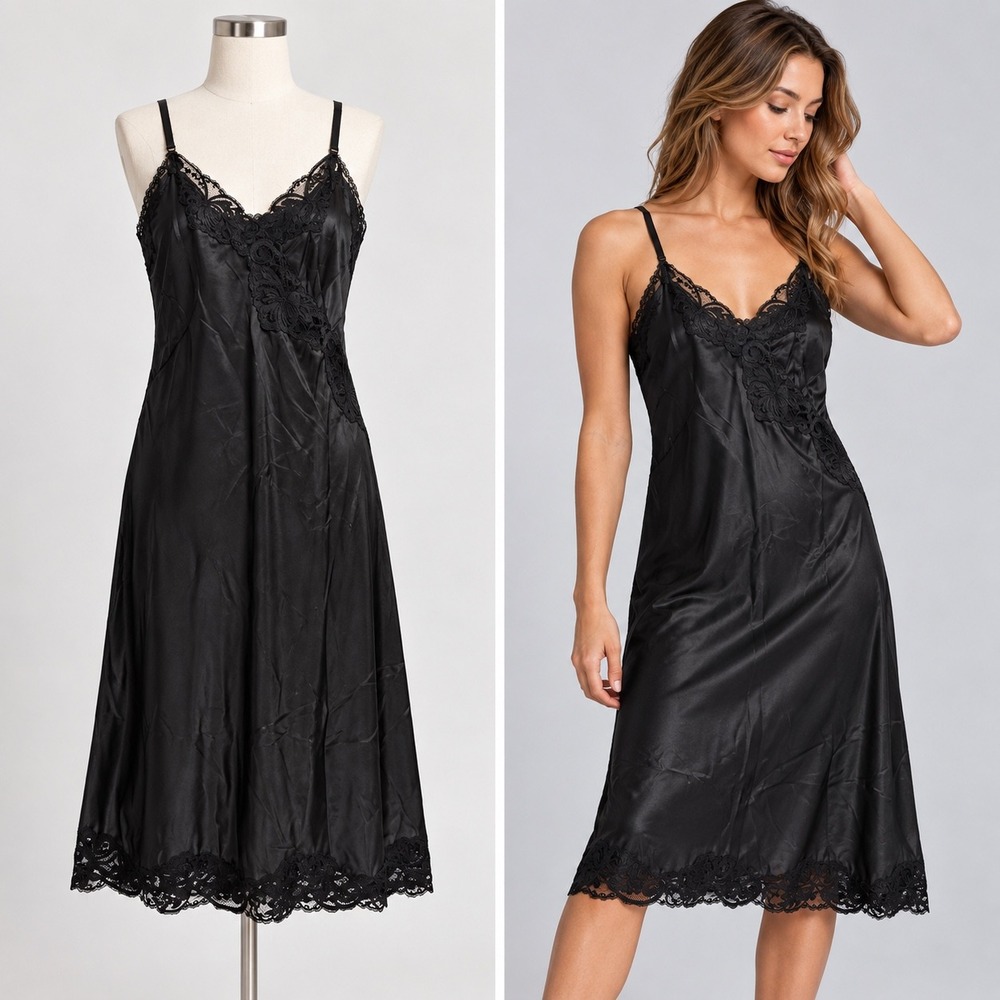 Vintage Wonder Maid Full Slip Small 34 Black Lace Antron Nylon Retro Sleepwear